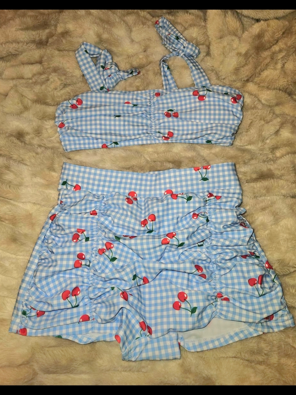 Blue Gingham Cherry High-Waist Swim Set - Women